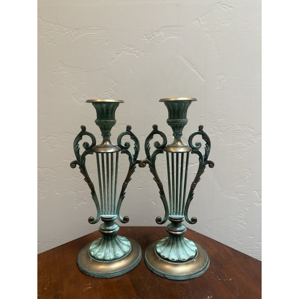 Andrea by Sadek Brass Lyre Candlesticks Pair 11" Verdigris Patina Harp Vintage